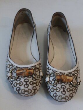 Women Gucci Beige, Brown Horsebit GG Canvas Ballet Flats W/Bamboo Hardware 8
